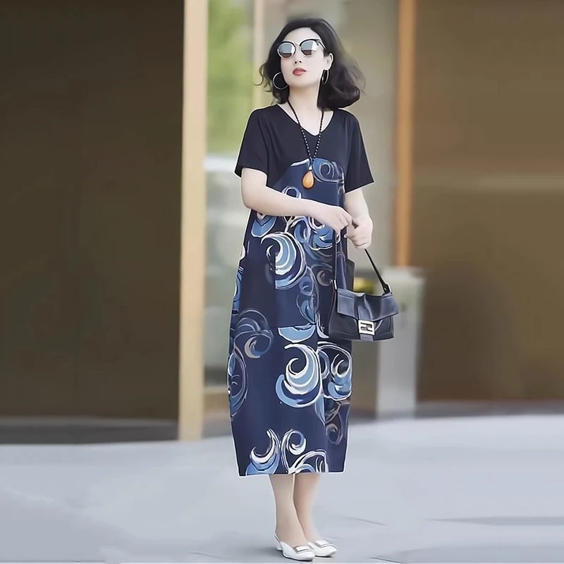 高贵简约气质妈妈女装连衣裙2025夏新款大码v领遮肉遮肚子长裙子