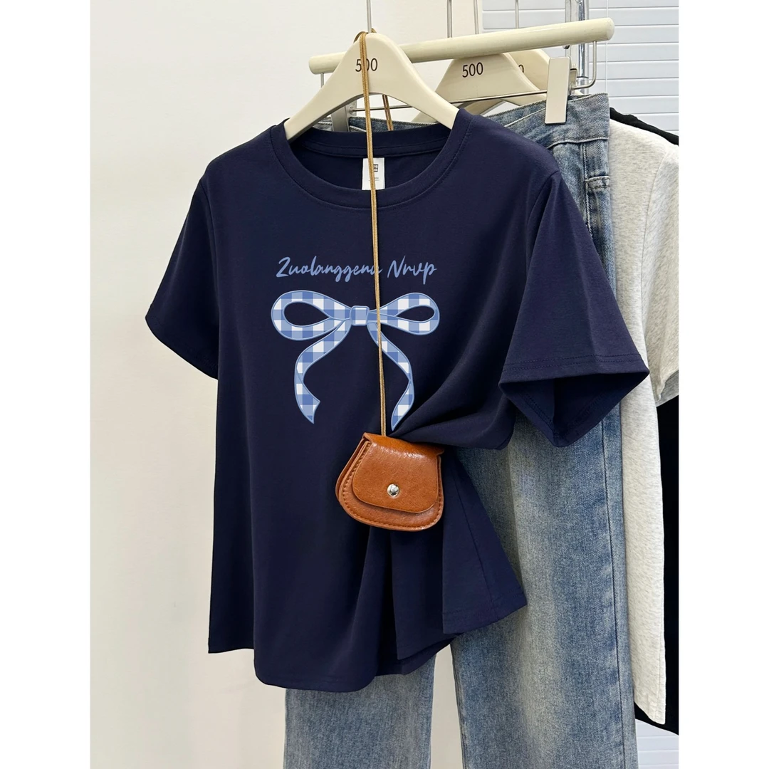 大码胖mm显瘦圆领正肩t恤女ins潮夏新款小众正肩t恤短袖女