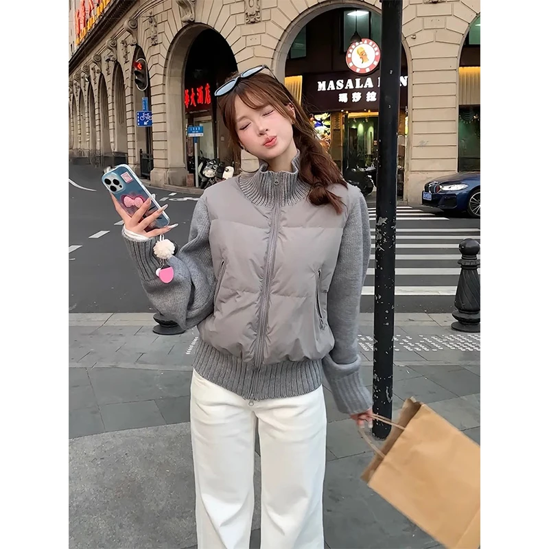 韩系灰色短款针织拼接棉服女2025冬季新款保暖百搭长袖棉衣短外套