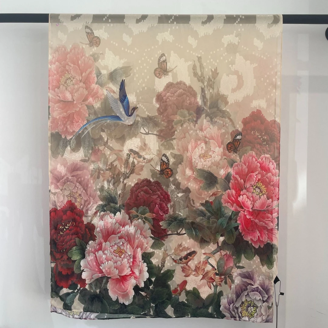 J012【国风牡丹】70*180夏季桑蚕丝新中式2025新款剪花丝巾