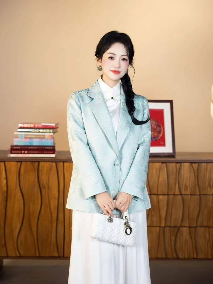 华裳格新中式上久楷青蓝金织羽平驳领西装宋锦外套HS1388