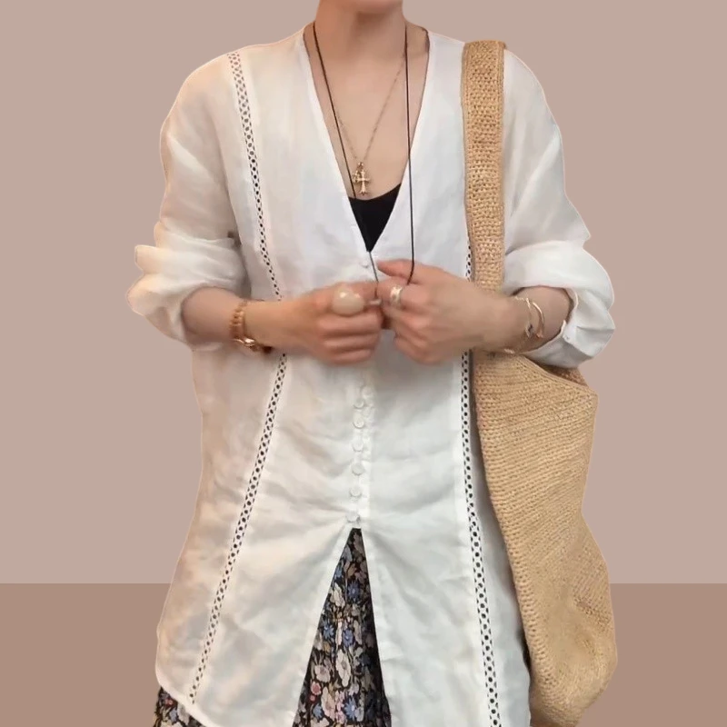 法式高级感纯色简约镂空防晒衬衫2025新款夏季设计小众不撞款上衣