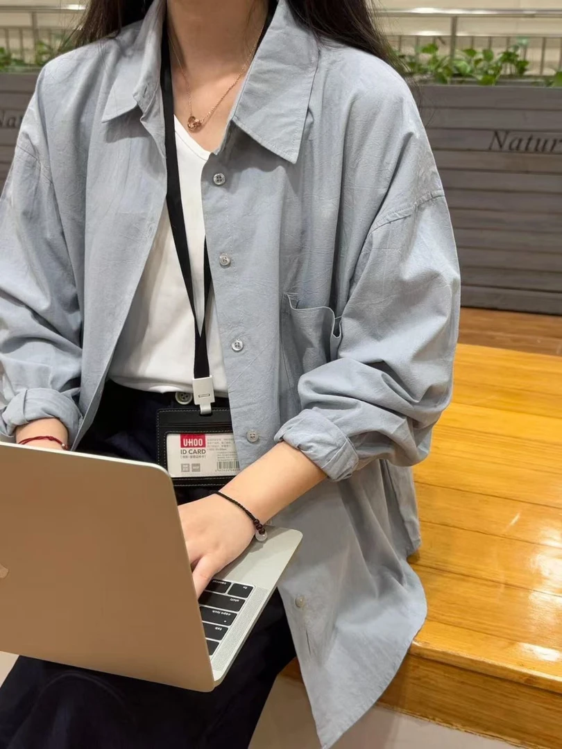 韩系复古叠穿雾霾蓝纯棉衬衫女内搭宽松百搭显瘦防晒长袖开衫衬衣