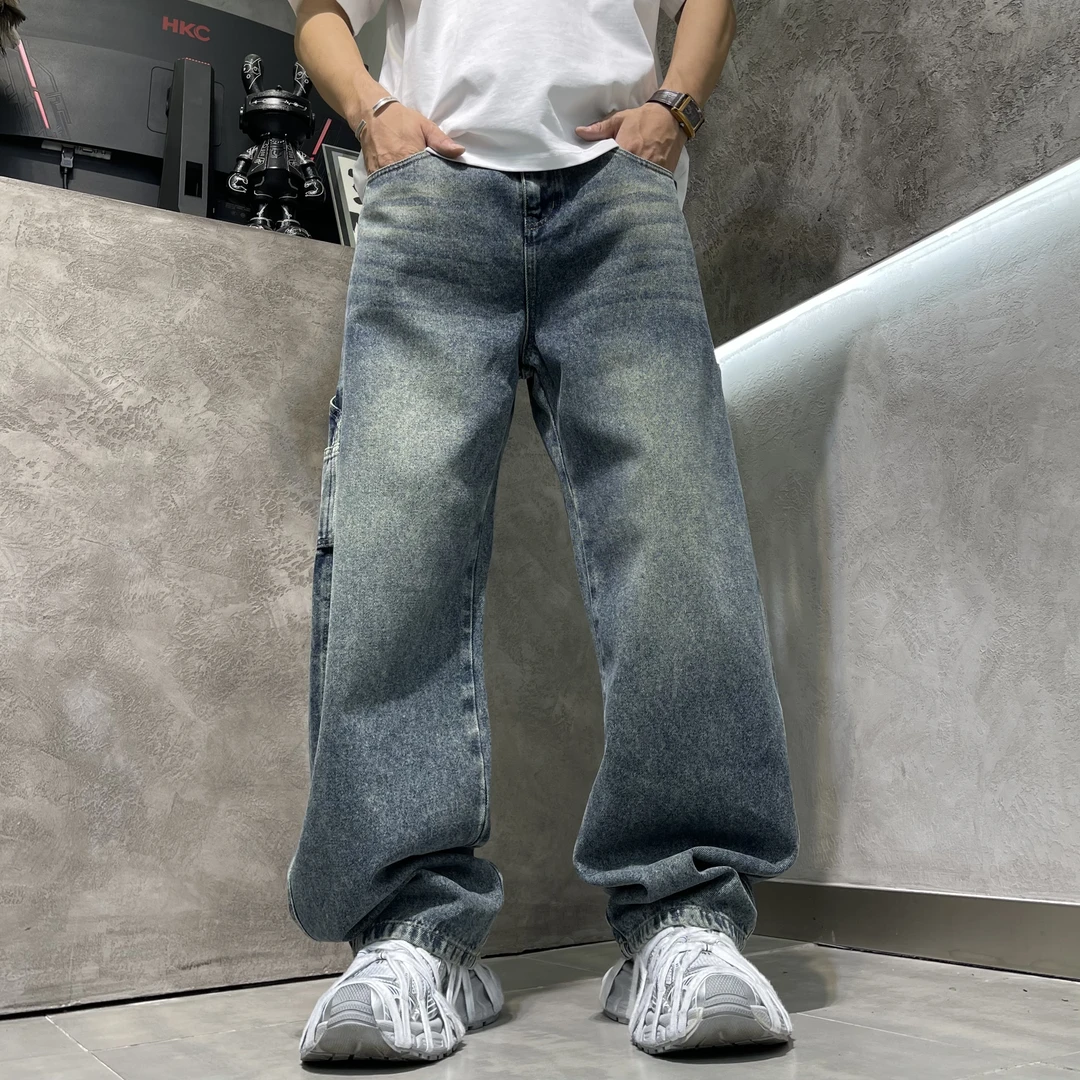 秋冬复古长裤阔腿裤水洗休闲牛仔裤男美式潮流直筒百搭做旧宽松