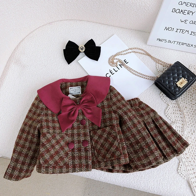 冬装新款女童夹棉格子外套+短裙两件套WE1119