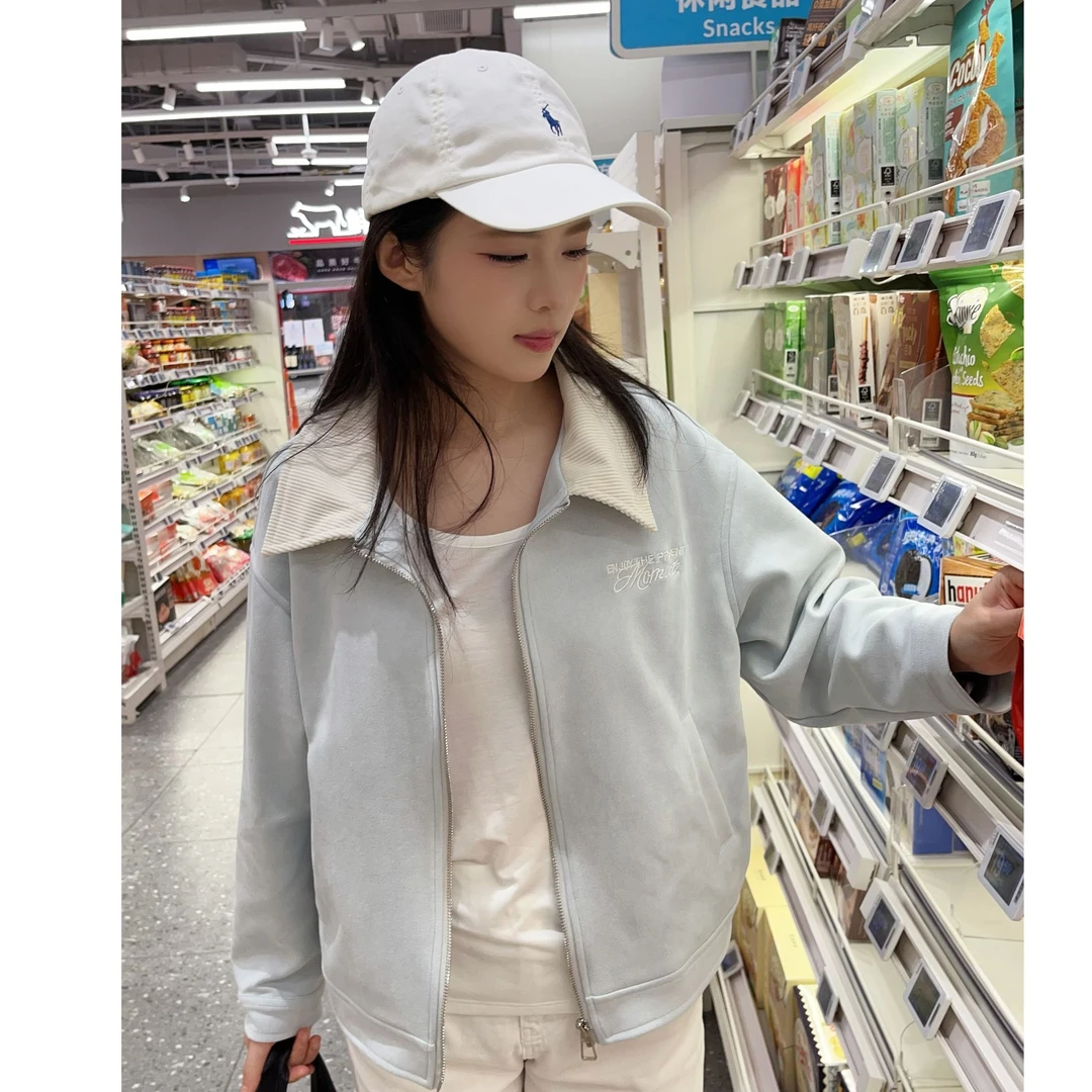 浅蓝色韩系撞色拼接翻领外套女2025秋冬新款休闲时尚减龄百搭夹克