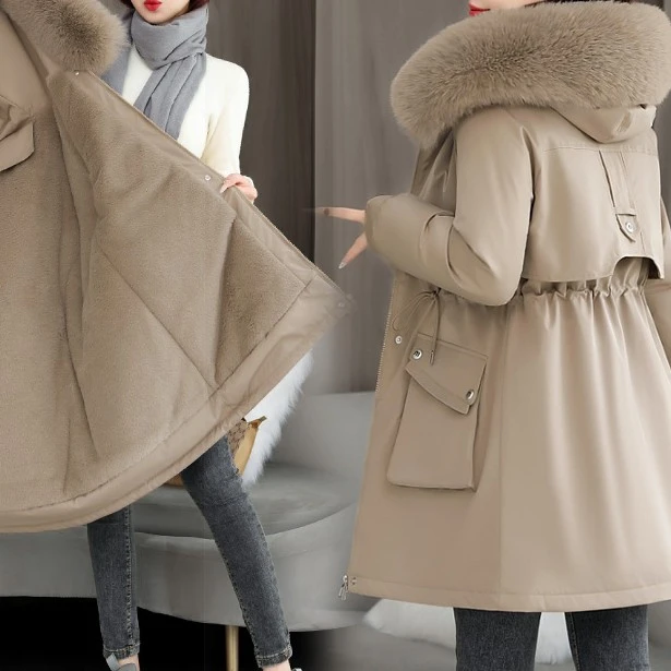 实拍跨境外贸服女冬新款派克服羊羔毛加绒内里棉衣毛领外套