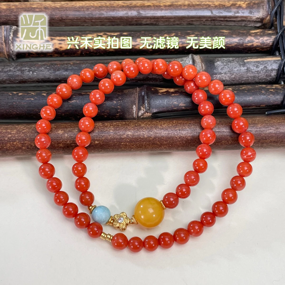 南红双圈蜜蜡银手串【糕手定制】5+10mm新国风中式E4051