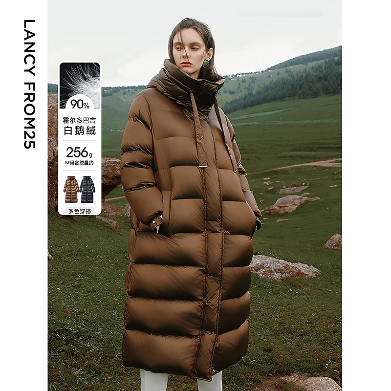 朗姿霍尔多巴吉白鹅绒长款连帽设计感外套女2024年冬季新款羽绒服
