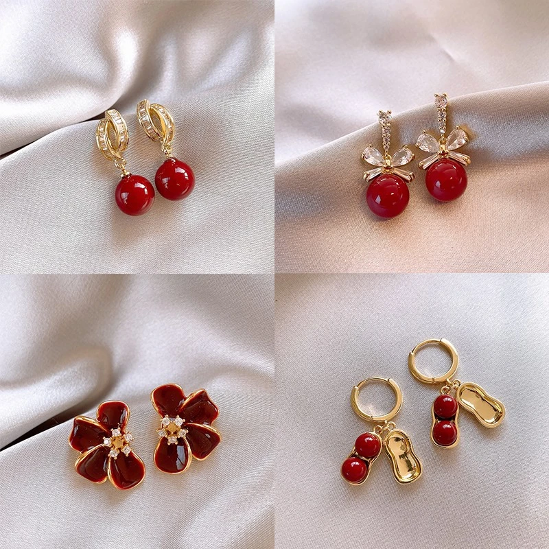 铜合金耳饰 复古红色耳环女秋冬轻奢高级感耳钉喜庆耳饰 新年一套