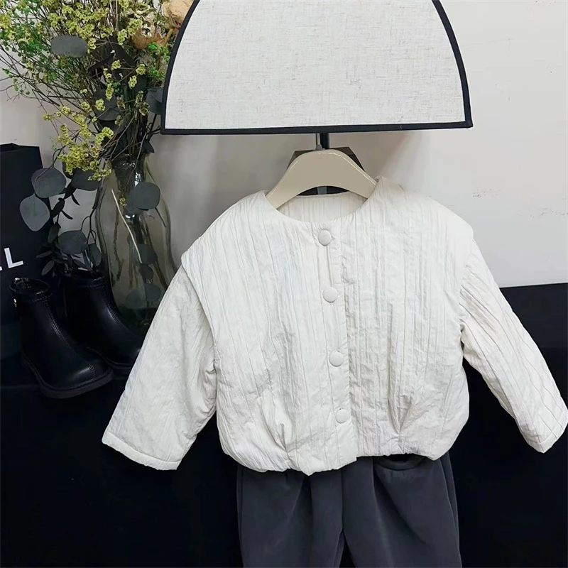 【现货】女童棉服秋冬季新款儿童保暖棉衣小众设计感圆领夹棉外套