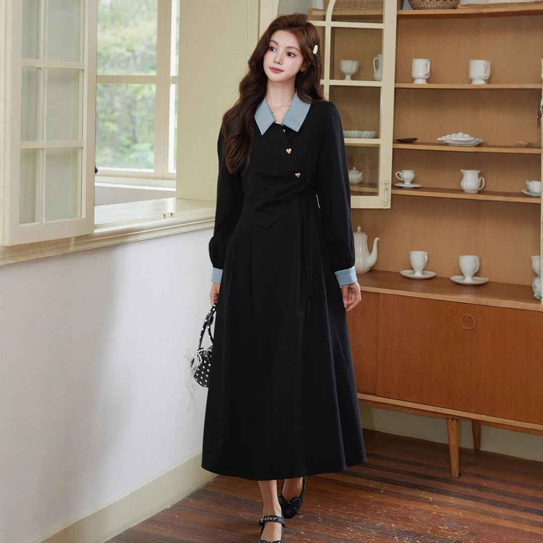 hmwl9067黑色拼接气质连衣裙女2025秋季设计感收腰显瘦长袖裙子