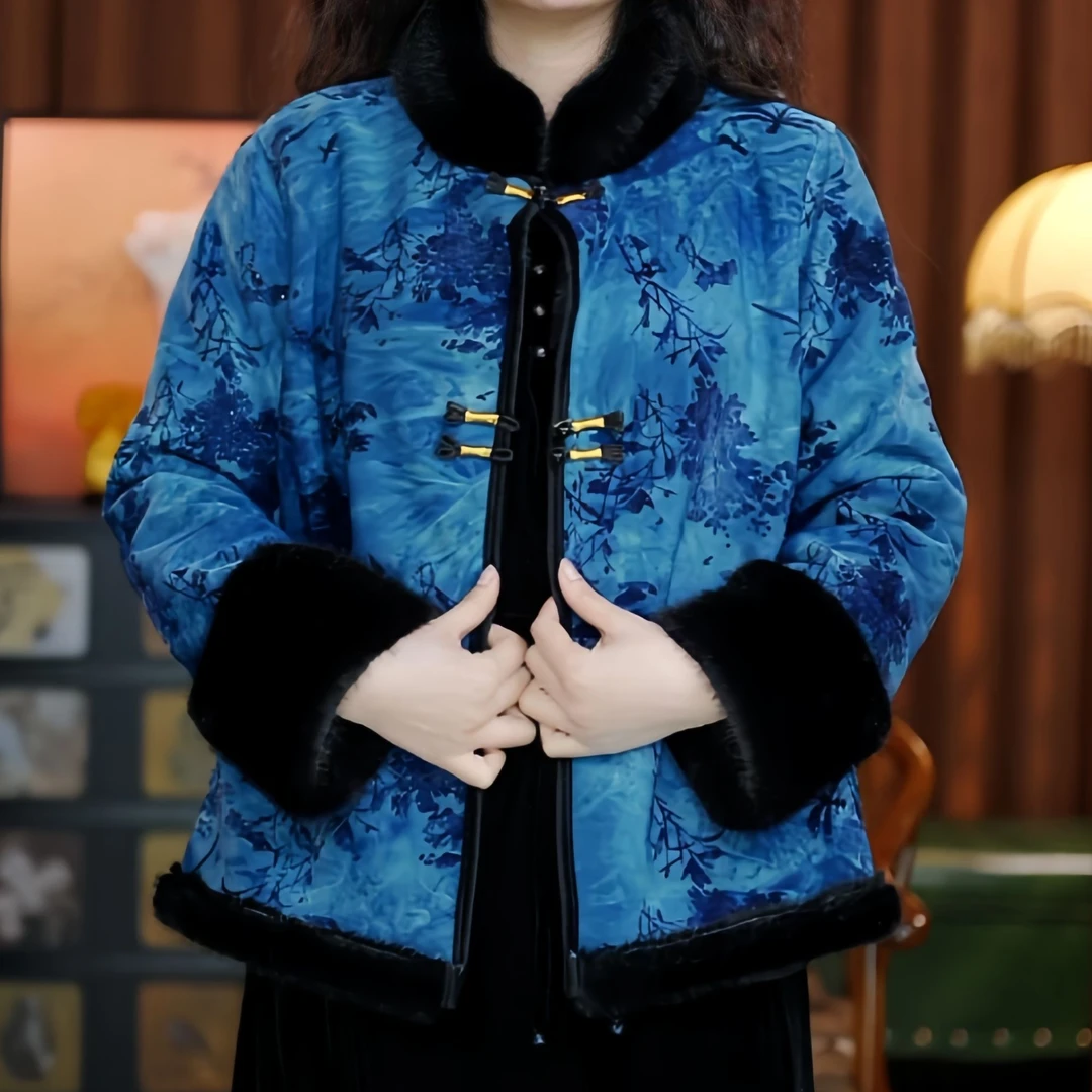 观海听涛（蓝色）刻丝秋冬短款外套国风加厚盘扣中式上衣