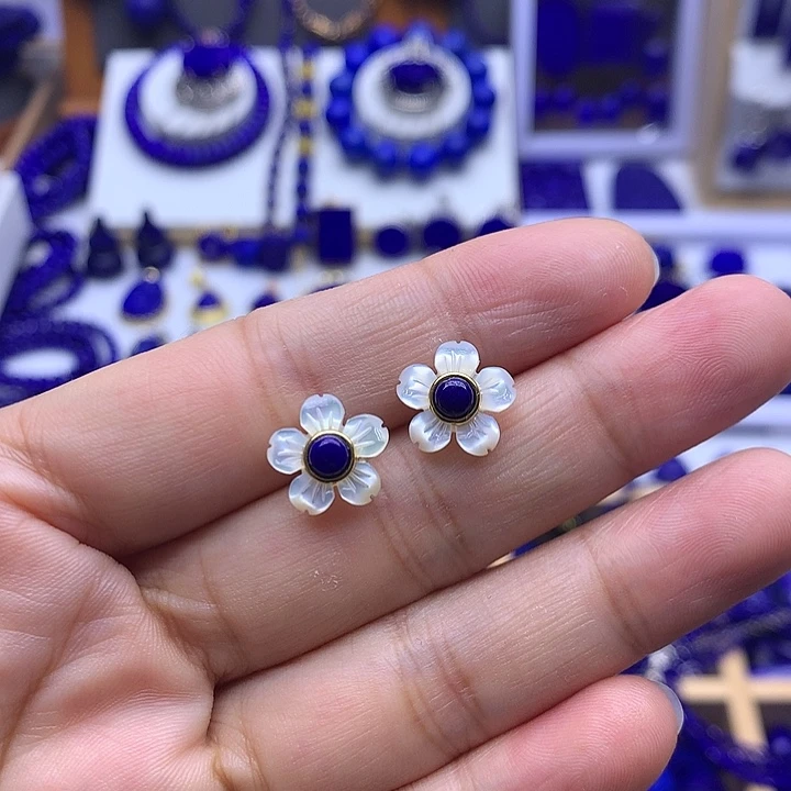 青金石银S925镀金镶嵌耳钉