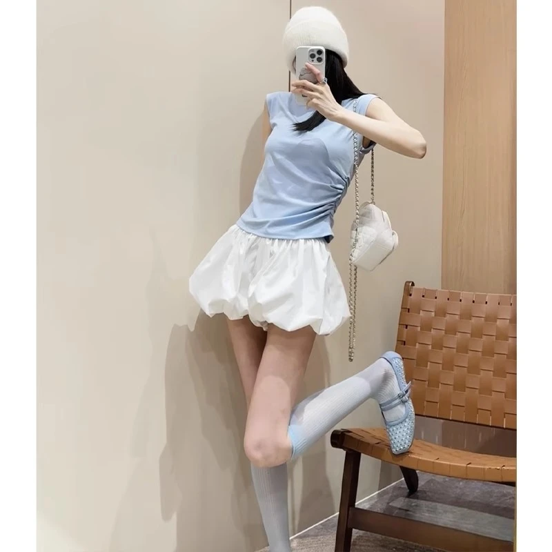 白色蓬蓬花苞短裙女夏季新款设计感高腰显瘦a字裙法式蛋糕半身裙