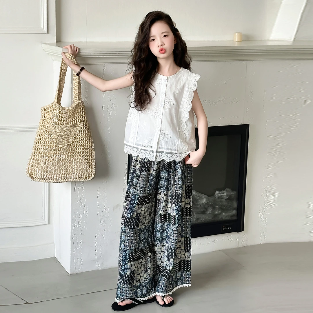 女童夏季娃娃衫防蚊裤套装少女风洋气蕾丝碎花单排扣夏装设计感潮