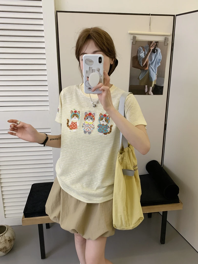 FUJIA STYLE新款时尚简约百搭三只小猫条纹刺绣T恤T902
