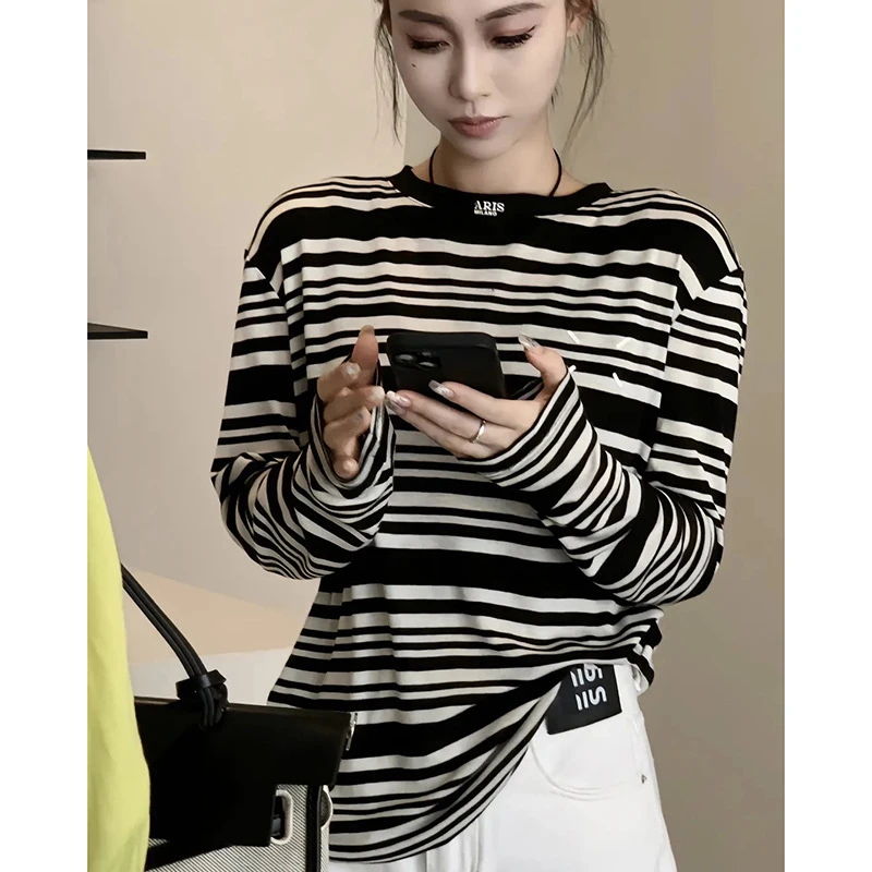 欧货条纹长袖T恤女时尚百搭圆领宽松大码上衣oversize中长款上衣