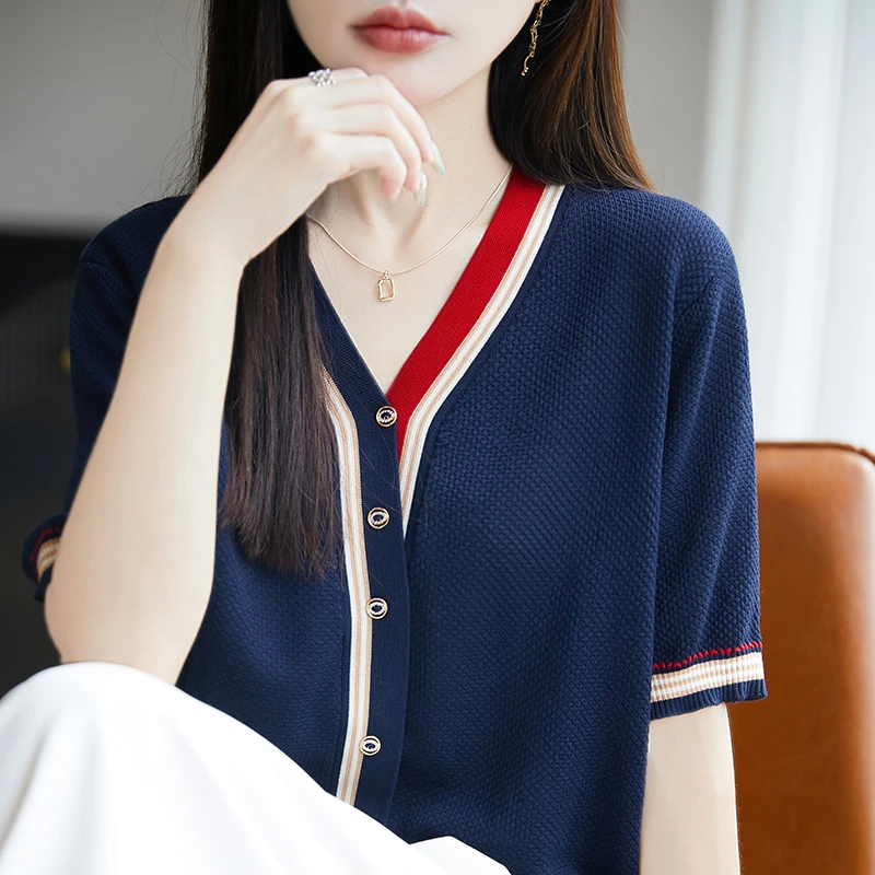 纯色薄款莱赛尔天丝T恤毛针织衫百搭短袖拼色短款毛衣时尚夏季女