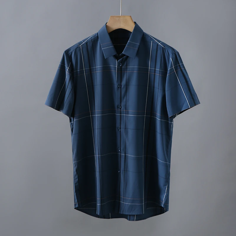 HS393剪标夏季短袖衬衫男翻领天丝凉感无痕压胶休闲衬衣男