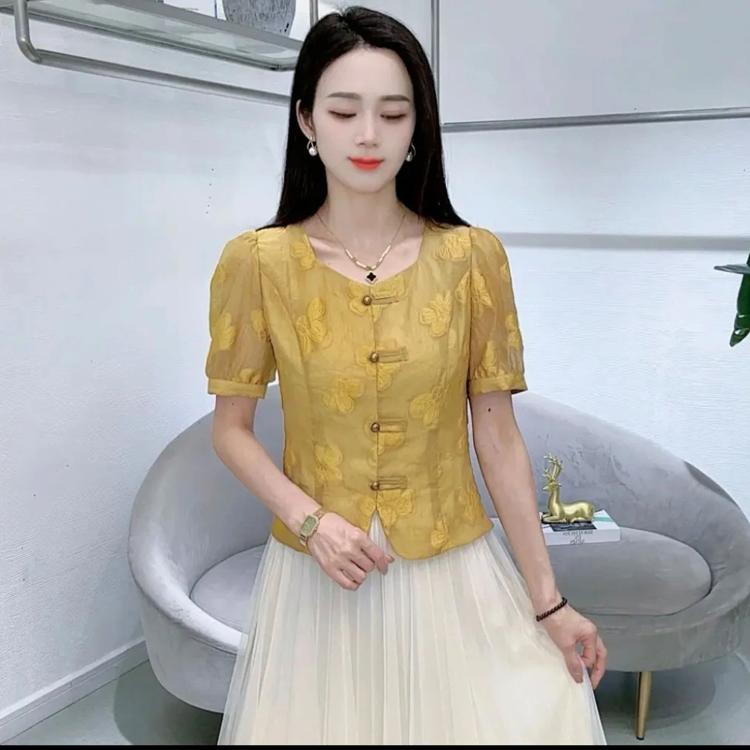 时尚新中式盘扣衬衫女2025夏季新款洋气减龄显瘦收腰提花百搭小衫