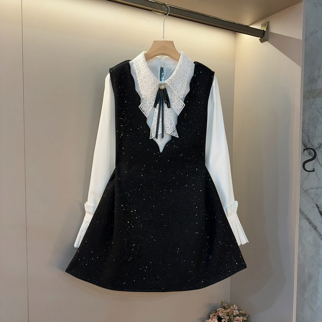 2025秋季新款减龄镂空翻领蝴蝶结打底衫马甲裙大码装两件套8290