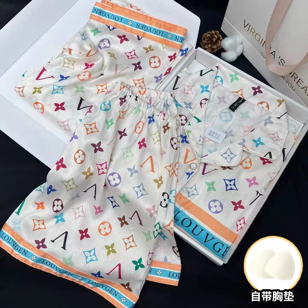 带胸垫（冰雪丝）（短袖+短裤+长裤）夏季时尚网红睡衣家居服三件套