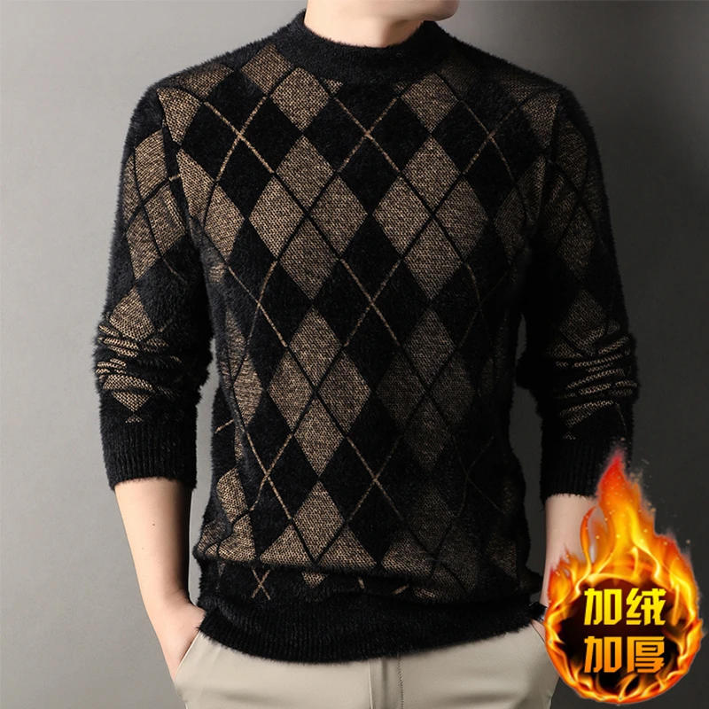 冬季新款高档男士加绒加厚针织衫毛衣提花圆领保暖打底衫半高领