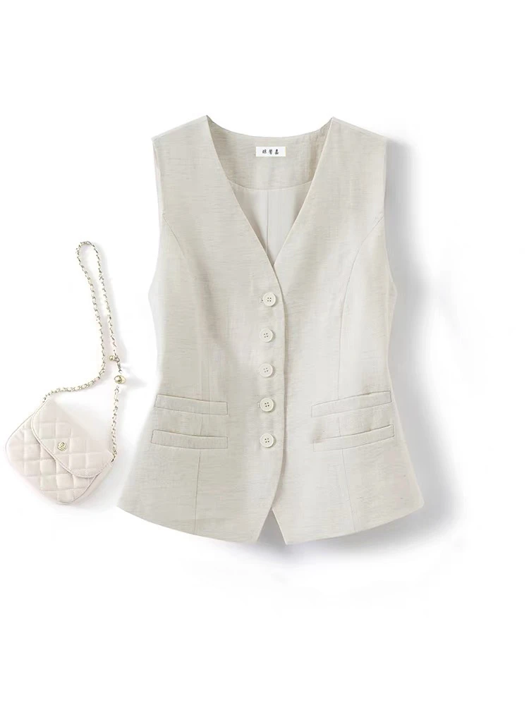 V领薄款亚麻西装马甲女款背心外穿2025夏季上衣马甲叠穿气质坎肩