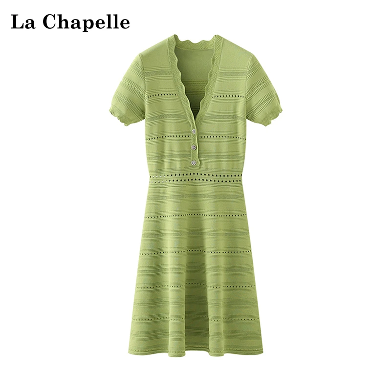 拉夏贝尔夏季新款复古草绿色深v领针织镂空连衣裙女高级时尚洋气