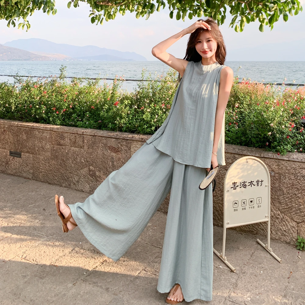 轻熟风简约通勤慵懒风薄款中国风套装上衣夏季大码女装无袖夏装