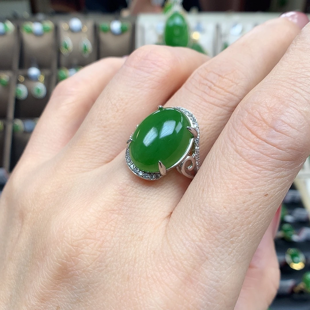 和田玉（碧玉）银S925镶嵌戒指1216