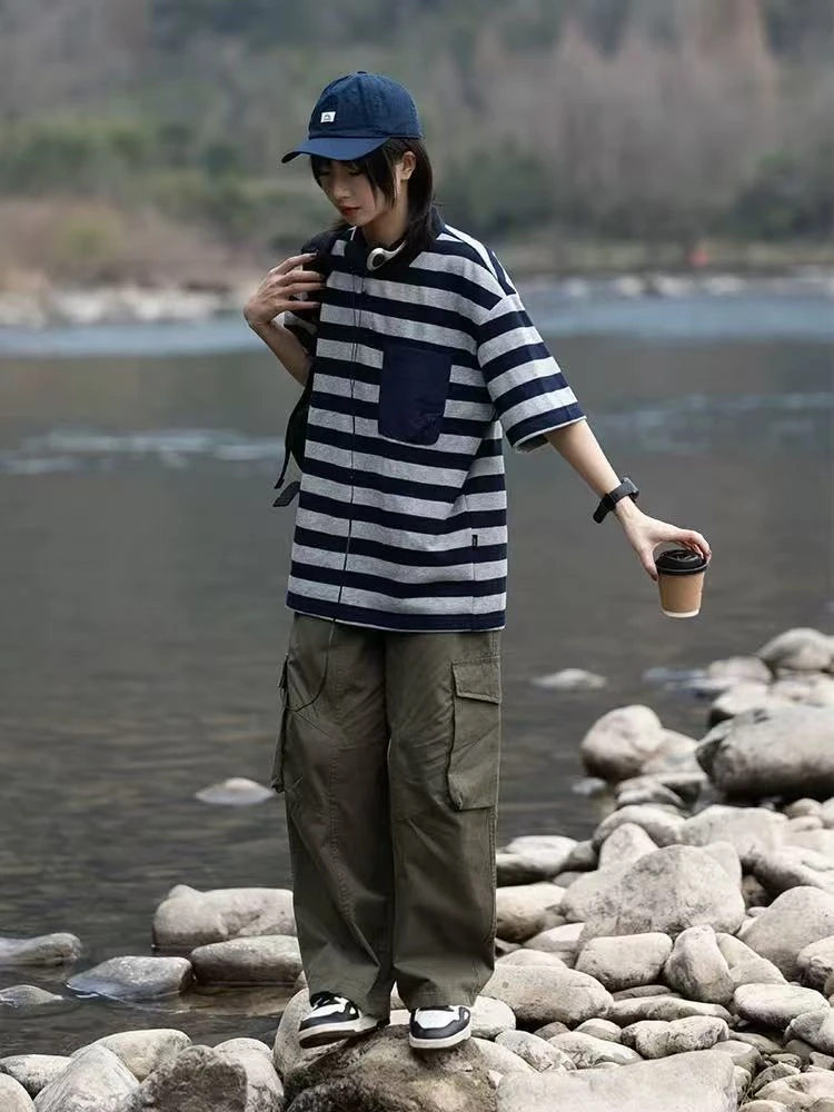 夏季新款撞色条纹polo衫男日系学院翻领BF女情侣上衣-785