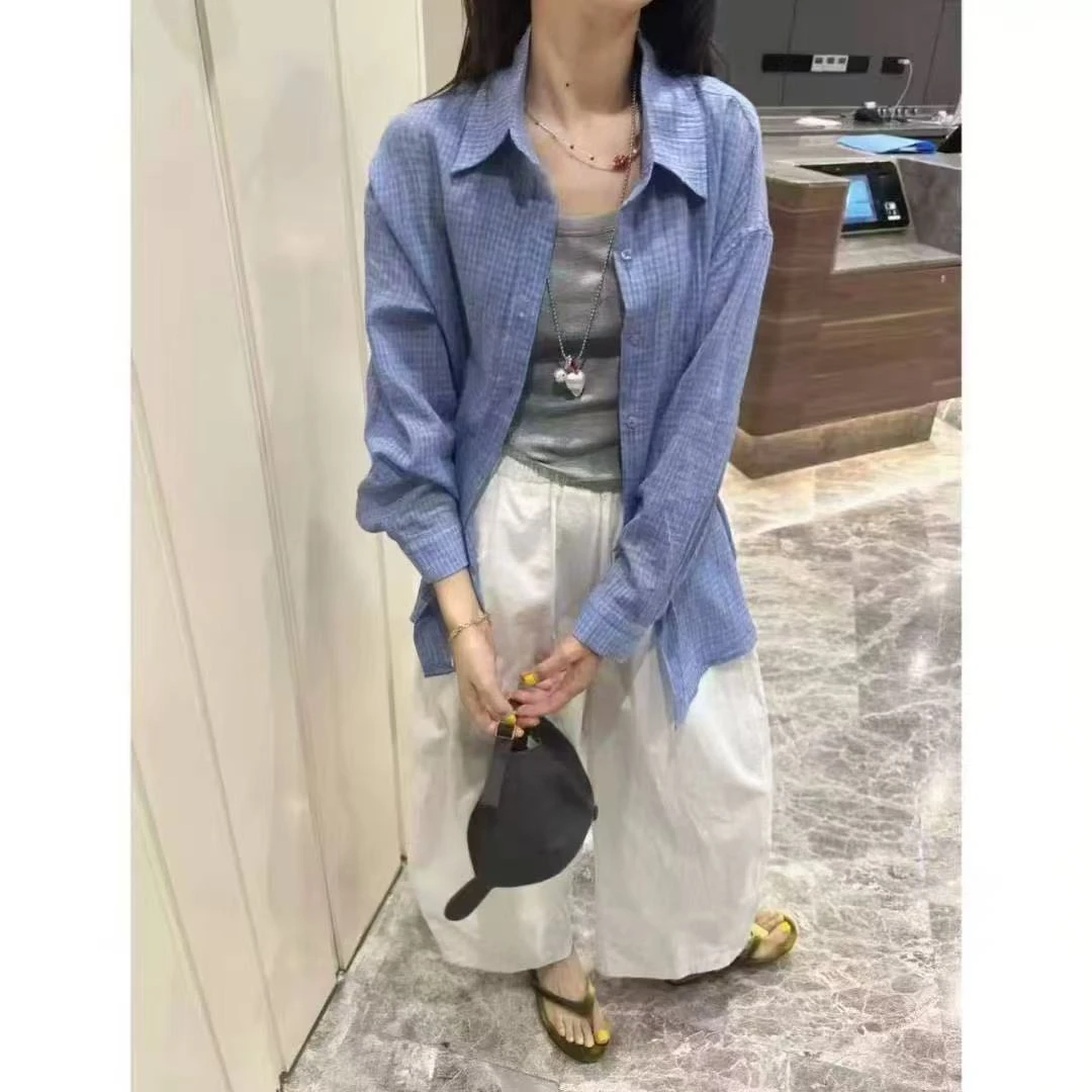 2791 韩系简约格子翻领单衬衫（无里面背心）