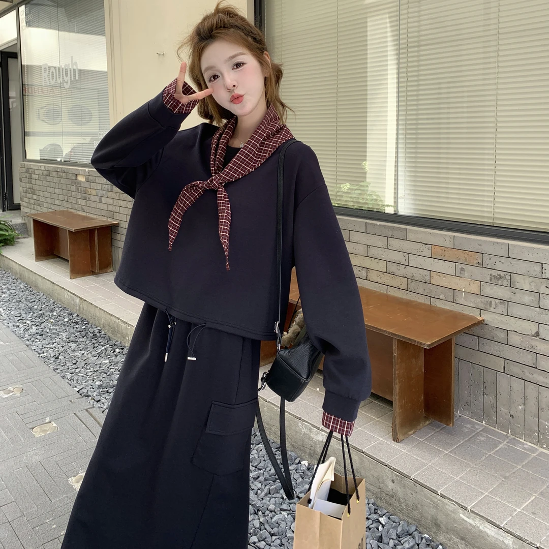 藏青色复古格纹拼接卫衣套装裙女2025秋季学院风休闲半身裙两件套