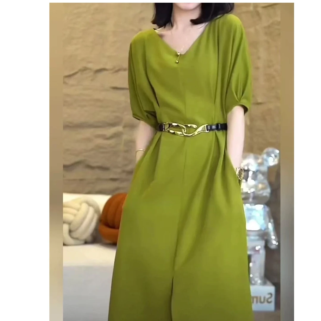 3896#夏季v领灯笼袖高腰a字大摆高级感休闲风减龄显瘦连衣裙女