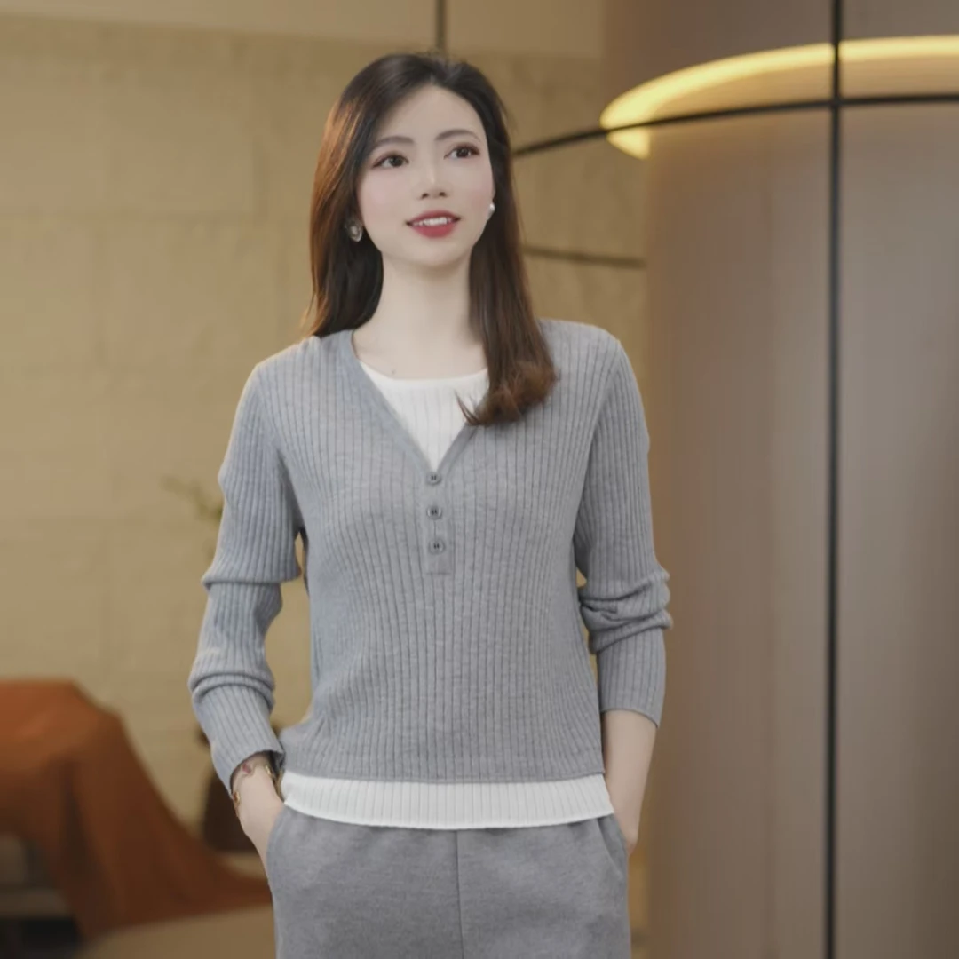 【超细精纺羊毛】早春新款简单显瘦百搭长袖套头针织打底衫女8093