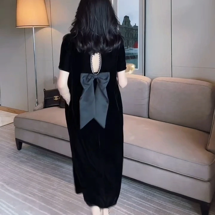 夏季新款纯欲黑色金丝绒露背短袖蝴蝶结开叉显瘦女连衣裙百搭时尚