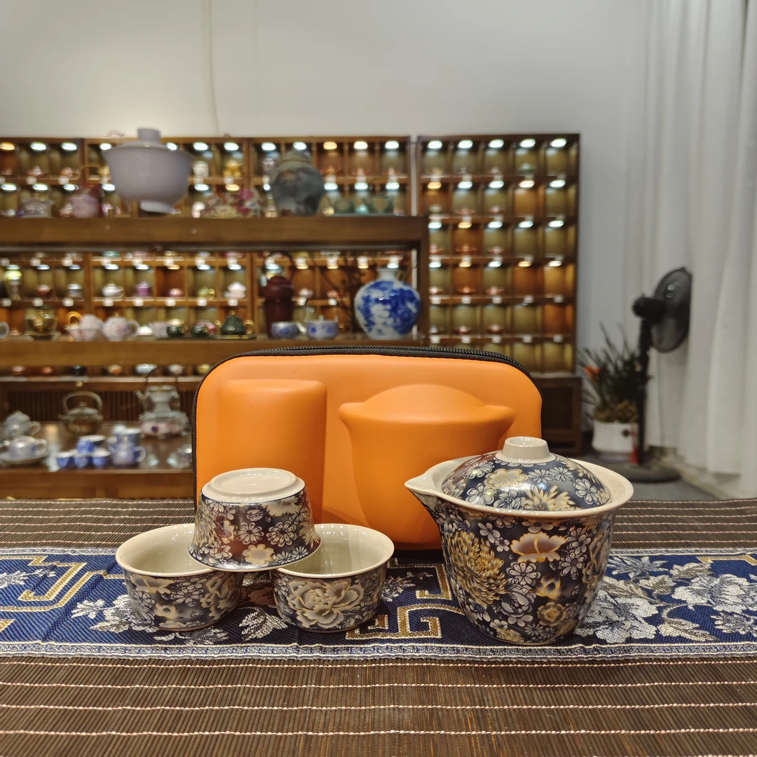 复古陶瓷掐丝牡丹手抓旅行茶具一壶三杯旅行快客-4427