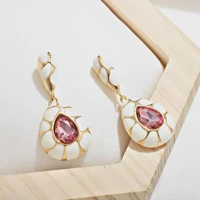 合金锆石耳饰  中古合金锆石珐琅滴油耳饰龟裂纹气质复古水滴耳饰