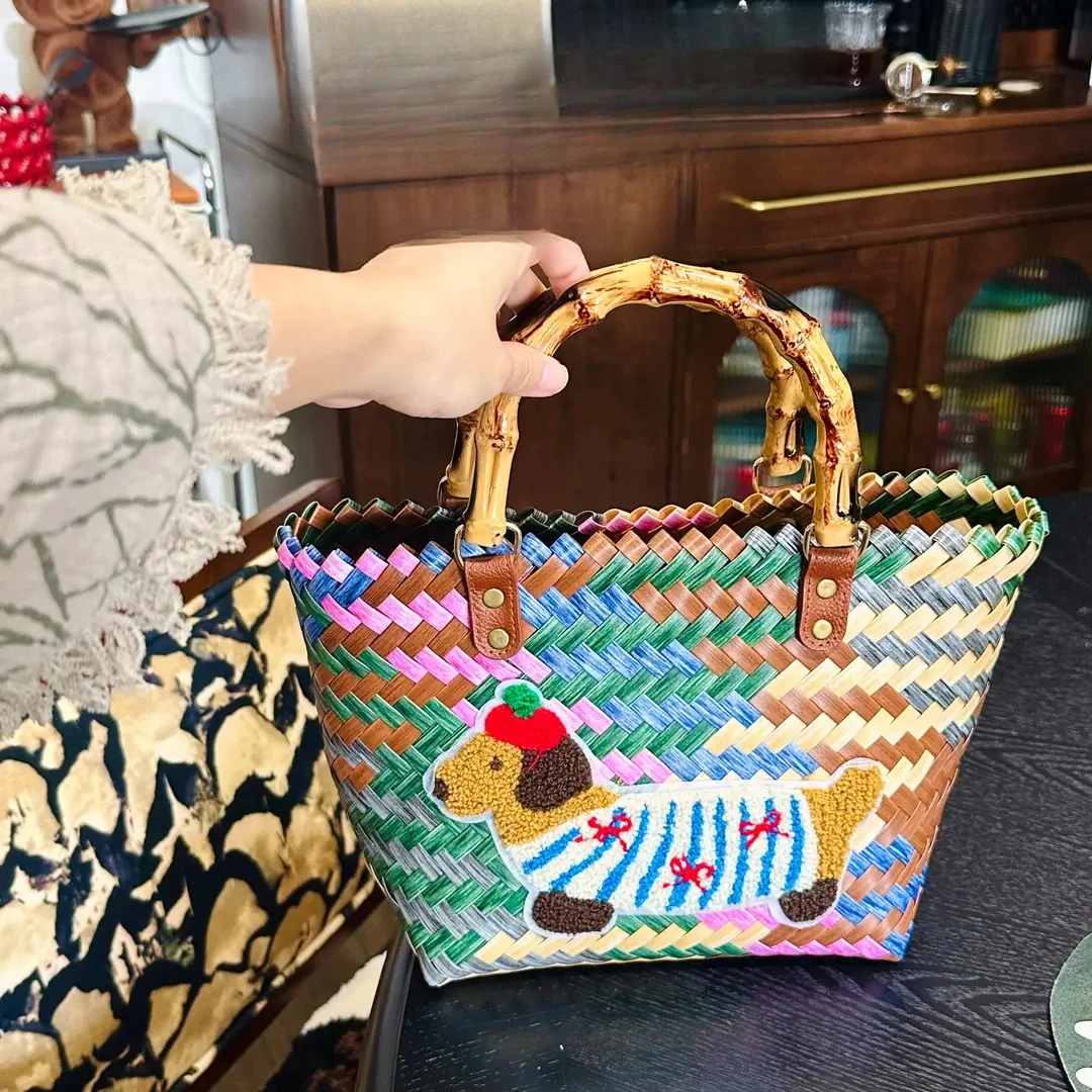 腊肠小狗菜篮子上班通勤包包手提复古竹节防水包饭盒包便当包M013