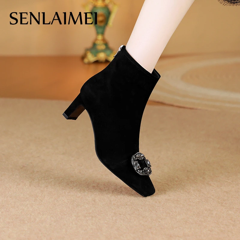 8776羊皮水钻短筒女靴黑色单靴女款短靴秋冬季真皮高跟靴子