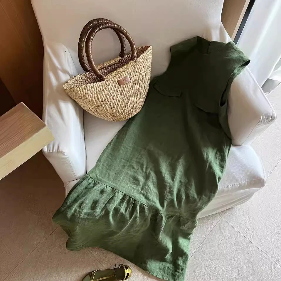 <韩韩专属>夏季新品无袖鱼尾亚麻背心裙气质无袖亚麻背心连衣裙女