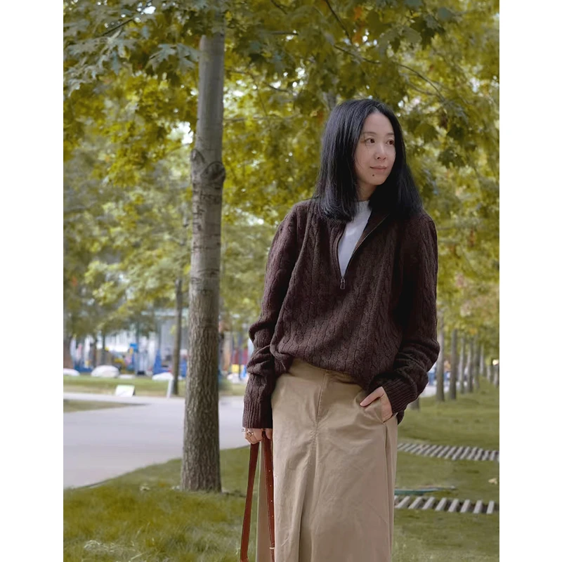 秋冬季慵懒高级感简约半高领拉链麻花纹羊毛毛衣女内搭针织衫打底