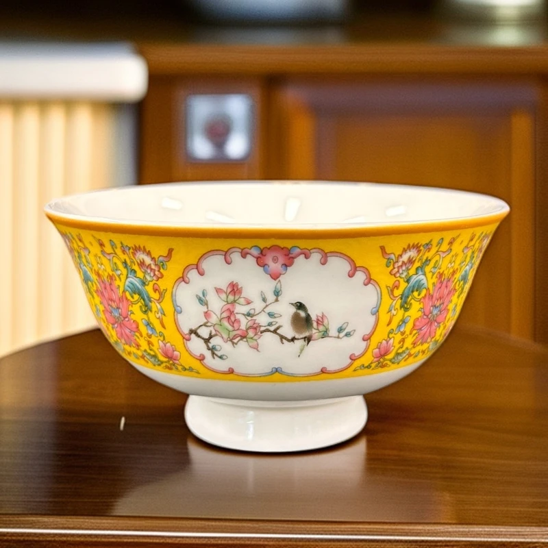 黄色开窗花鸟4.5英寸碗1个装/直径11.5cm