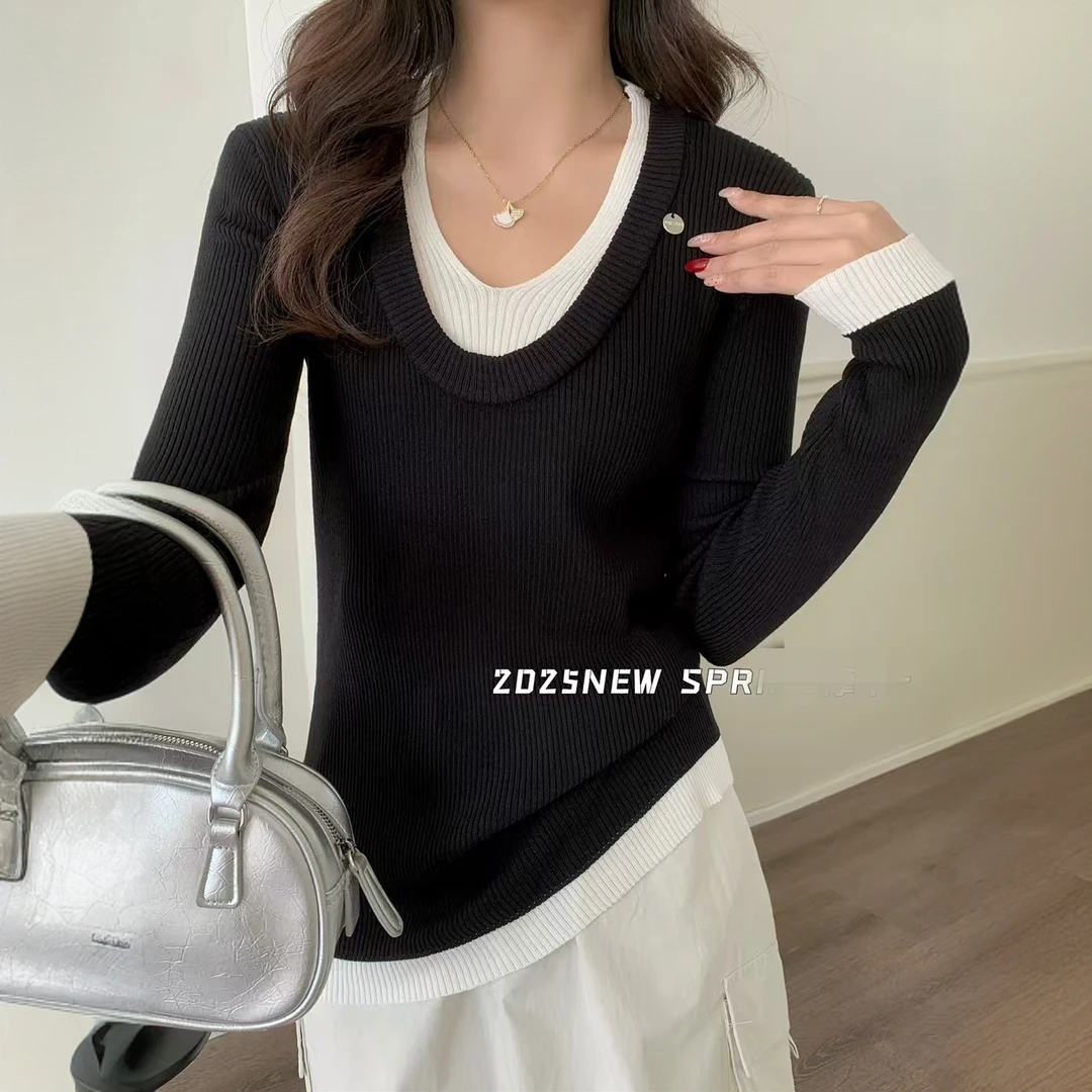 V领2025春季假两件新款韩系洋气慵懒风内搭衣服打底衫修身上衣