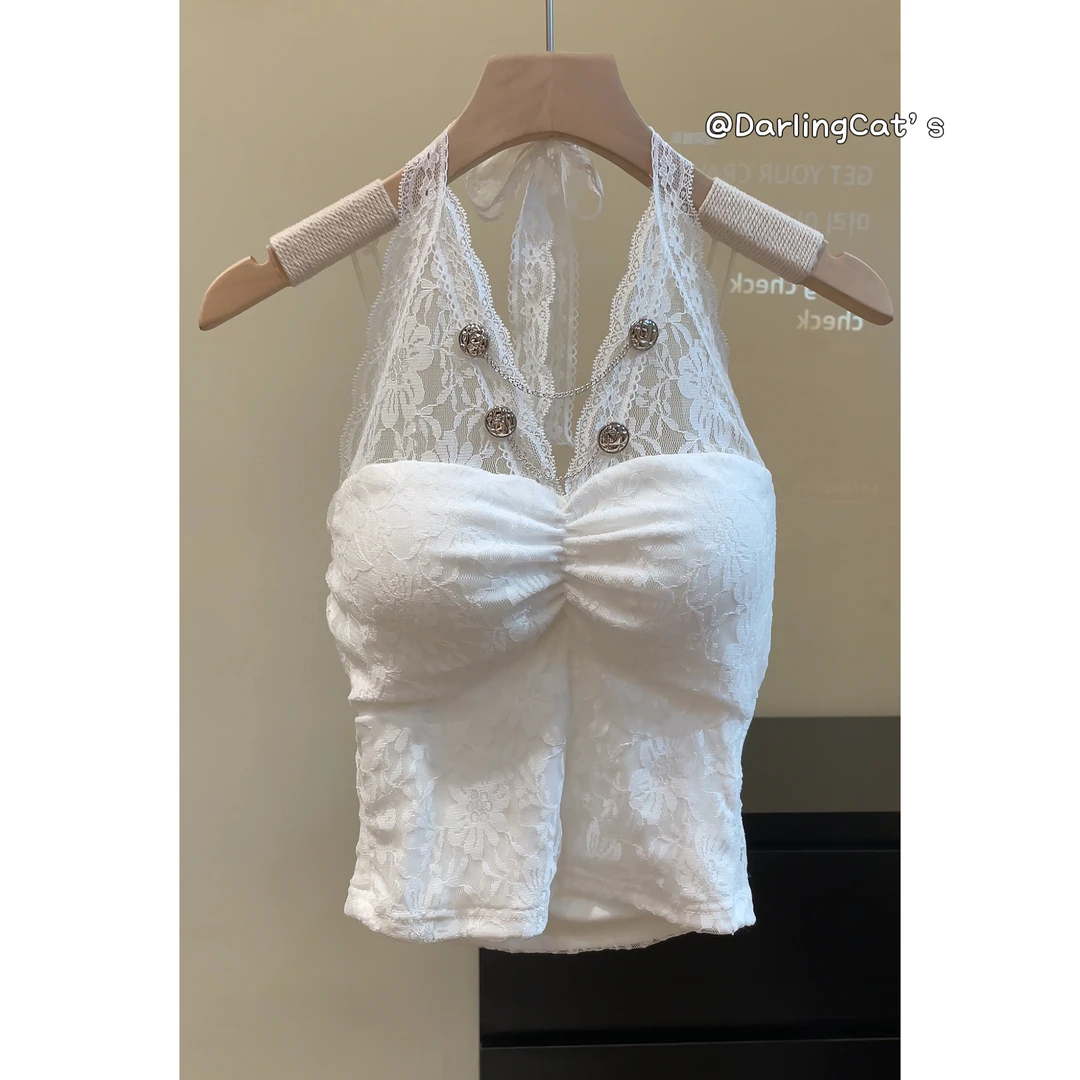 大脸喵 白雪 带胸垫2025春夏重工蕾丝挂脖背心新款纯欲内搭打底
