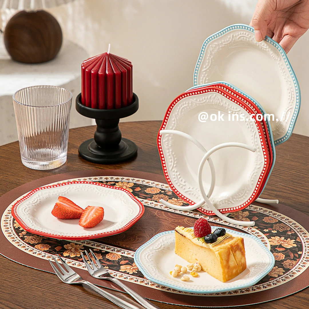 【仟里】法式花边餐盘陶瓷吐骨餐具碟子菜盘家用精致甜品盘早餐盘