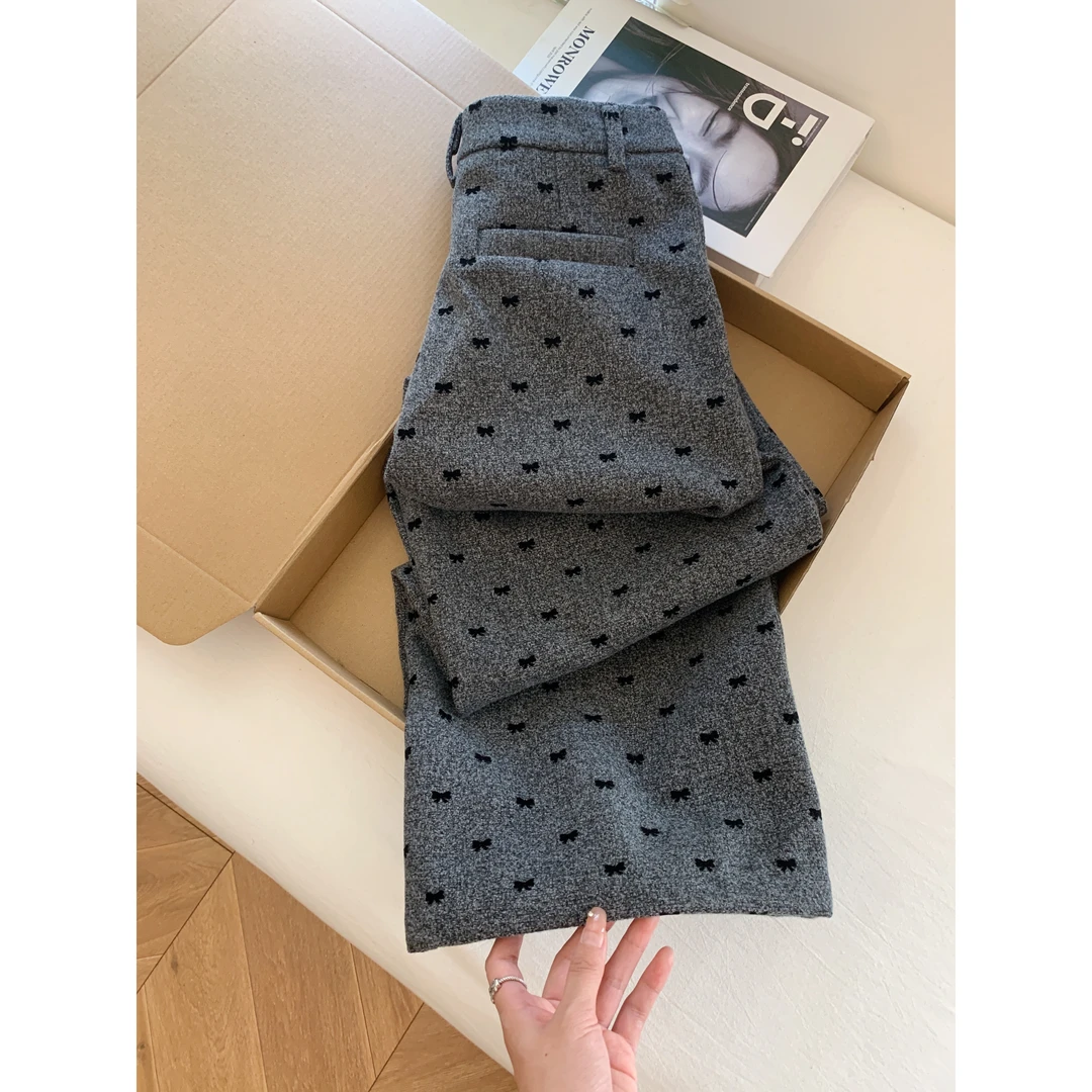 深灰色蝴蝶结网红款复古加绒加厚阔腿牛仔裤女款爆款2024新款正品