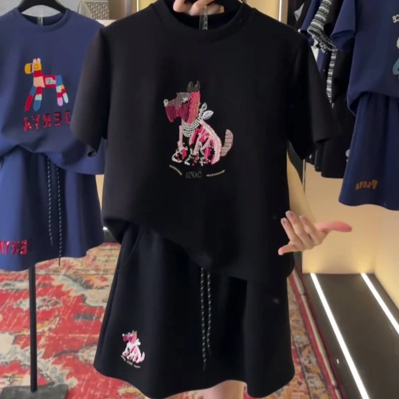 1#设计师款丨刺绣小狗重工宽松版夏季短袖T恤短裤时尚套装